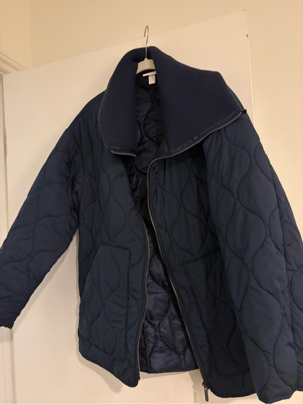 Women's Navy Quilted Jacket with Funnel Collar